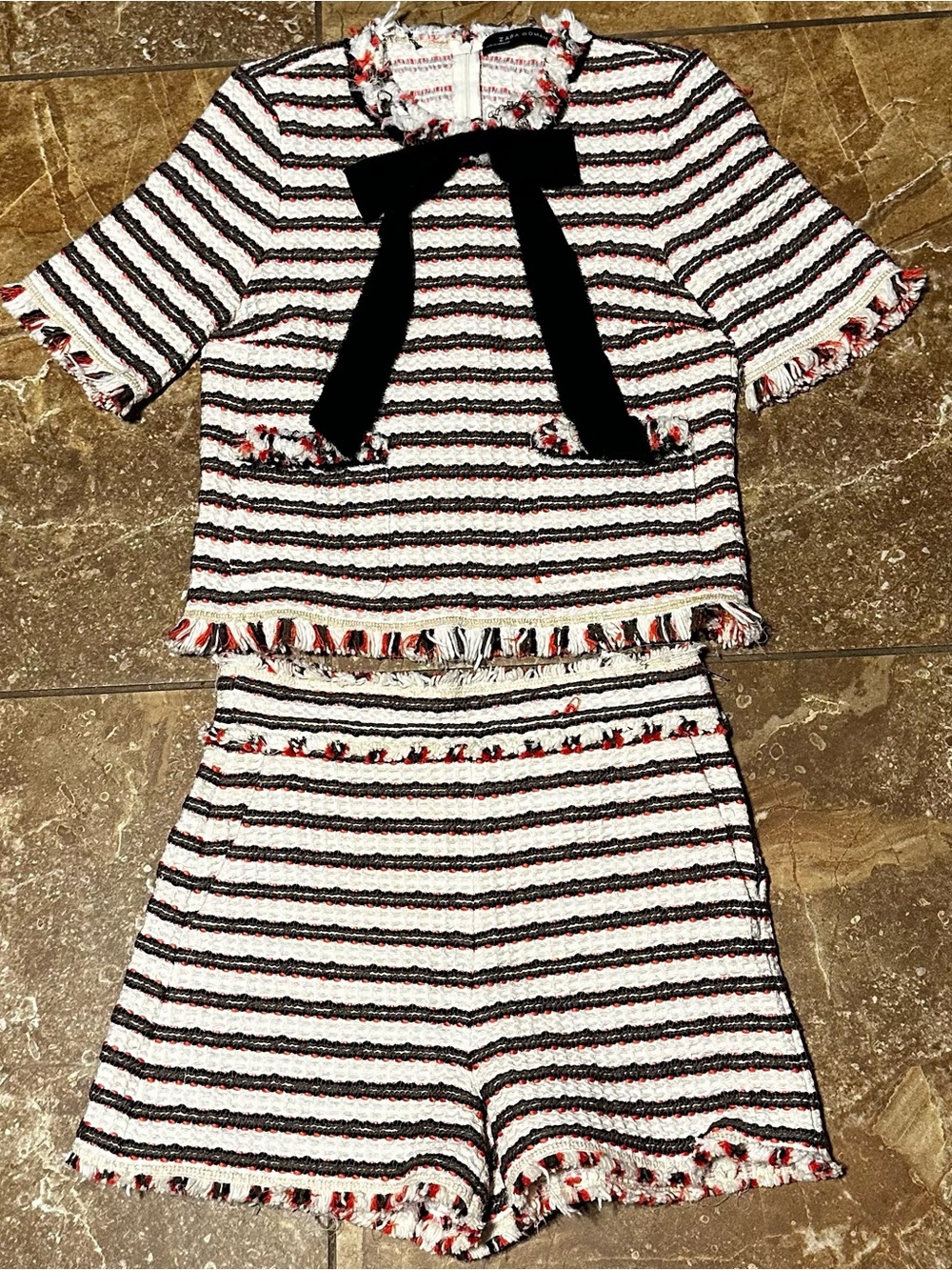 Zara White Tweed Set with Black and Orange Stripe Detail